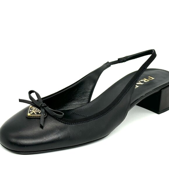 PRADA Triangle Logo Bow Leather Slingback Ballerina Pumps Heels Sandals - Picture 8 of 16